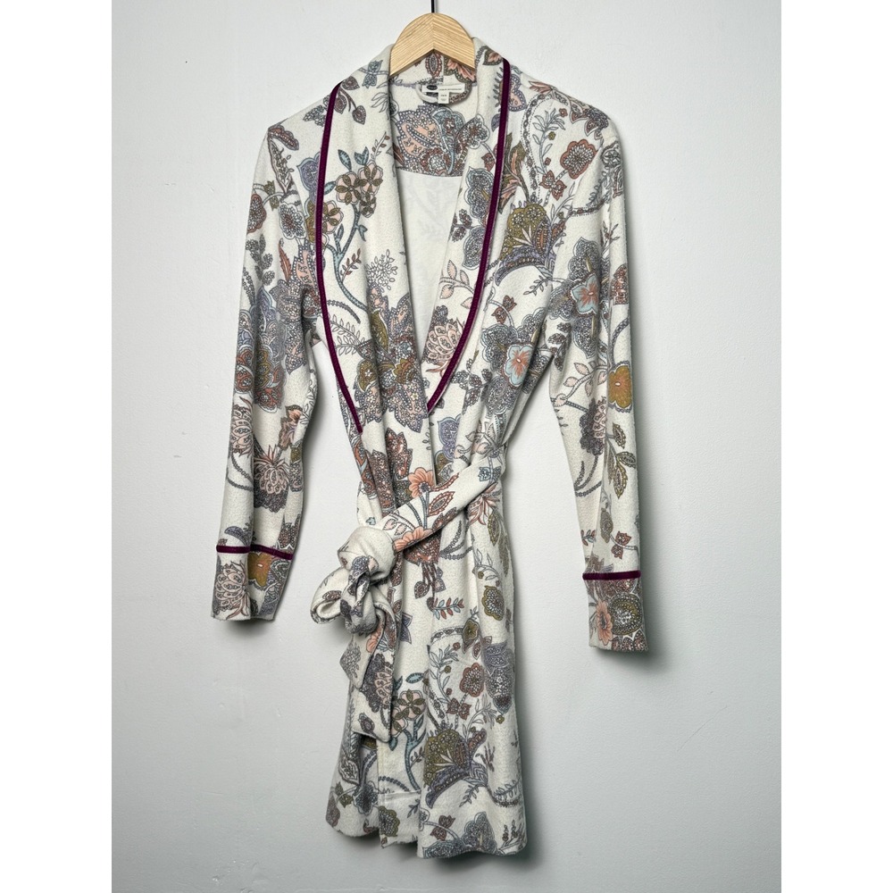 Anthropologie Paisley Floral Robe Cardigan Velvet Trim XS/S